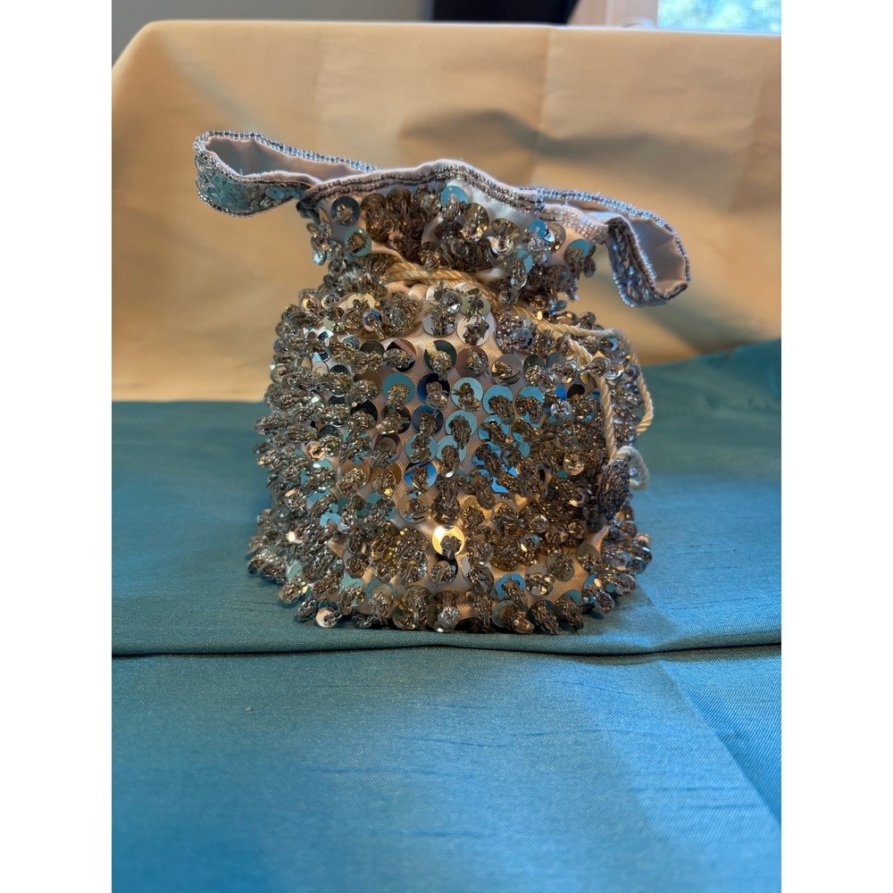 Unbranded Sequin Beaded Bucket Bag Women Small Silver Vintage Glam Evening Purse